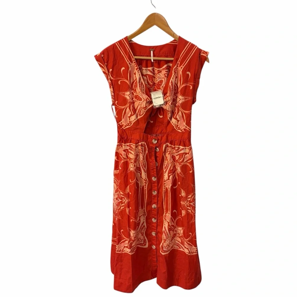 FREE PEOPLE RED ORANGE BOHO V-NECK BUTTON FRONT MIDI DRESS SIZE 0 NWT